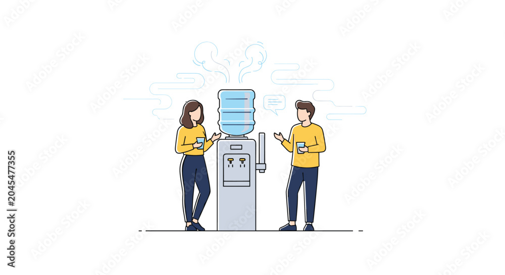 Obraz premium Man and woman having a casual conversation while taking a break near a water cooler dispenser in an office environment.