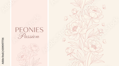 Peonies Passion: Delicate Pink Floral Pattern with Elegant Botanical Line Art for Invitations, Covers and Wallpapers