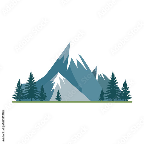 Flat design mountain range with pine trees and snow