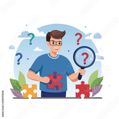 Man holding puzzle piece and magnifying glass with question marks