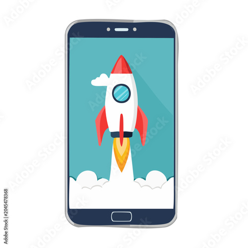 Smartphone displaying a rocket launching with smoke and clouds