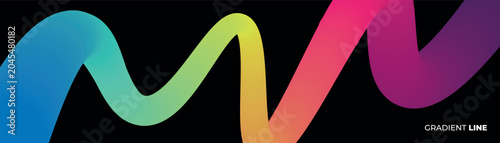 Abstract panoramic banner featuring a creative curved gradient line with vibrant fluid loops on dark background
