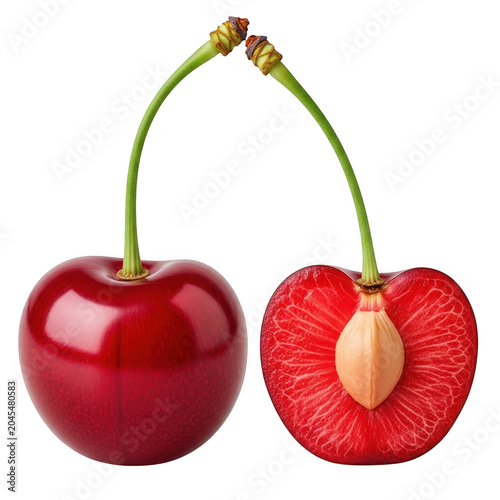 fresh red cherry with stem and leaf cut in half isolated on transparent background