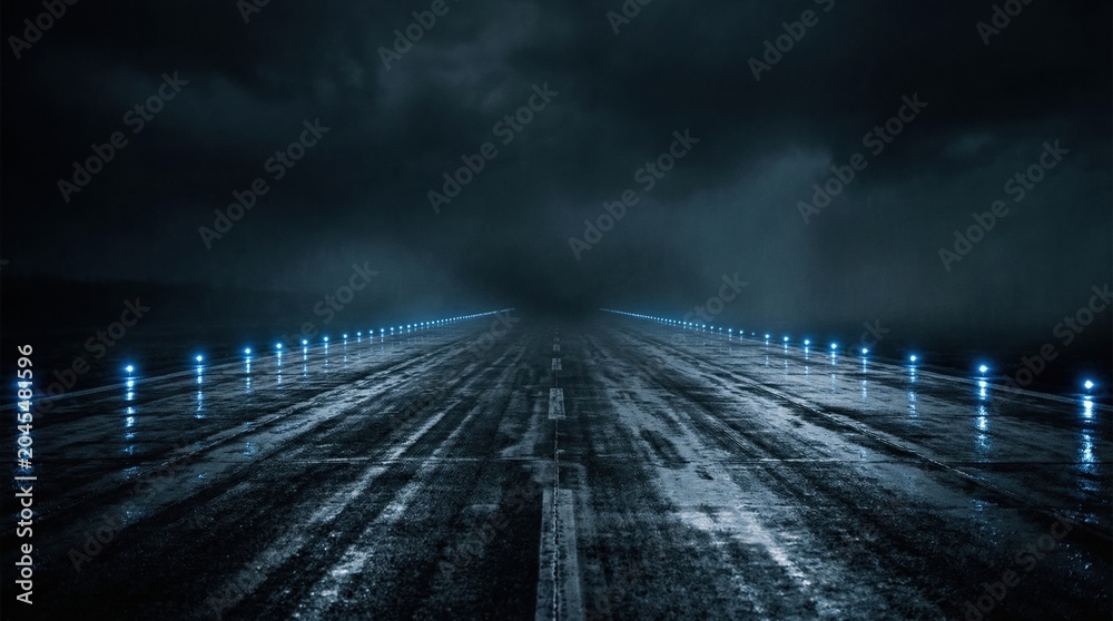 Obraz premium Runway lights guiding aircraft at night on military base under dark sky with clouds and fog, wet surface