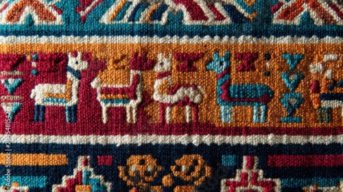 Colorful Peruvian textile with llama motifs and geometric patterns close-up