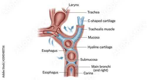 Detailed diagram of human trachea and esophagus anatomy, illustrating the respiratory and digestive systems with cartilage and muscle structures