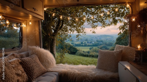 Cozy camper van interior with string lights overlooking scenic countryside at dusk