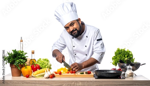 A smiling chef, clad in a crisp uniform, chops colorful vegetables on a wooden counter, surrounded by fresh ingredients