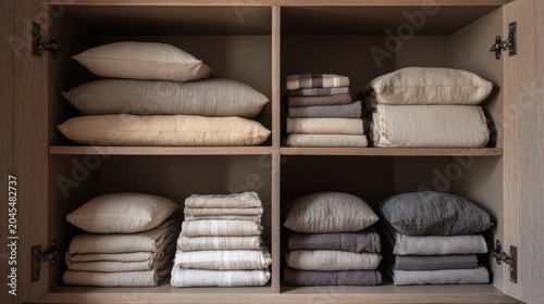 Minimalist linen storage cabinet with folded sheets, duvet covers, pillows arranged with symmetry, Nordic interior style with neutral tones
