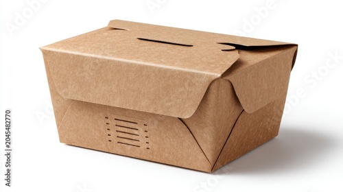 Minimalist presentation of eco takeout box made from biodegradable material, isolated on white, showing crease lines and ventilation slots