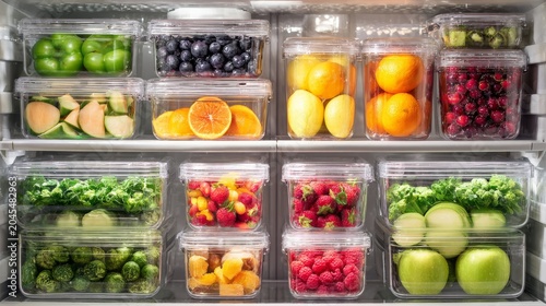 Organized fridge shelves with colorful fruit and vegetable assortments stored in clear BPA-free containers, cold steam and soft lighting accentuating freshness