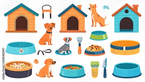 Vibrant vector illustration set of pet dogs and their essential care items houses, feeding bowls, grooming tools, collars, leashes, and toys for happy dogs