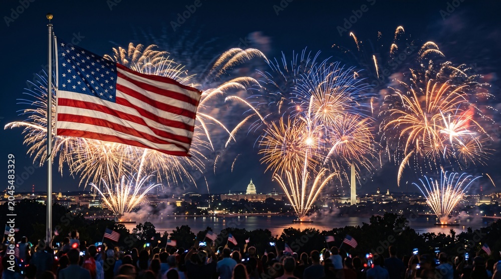 Obraz premium Patriotic spirit of the United States, independence celebration firework with flag at night