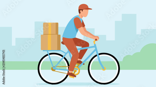 Fotografie Delivery person riding bicycle with packages in urban area illustration