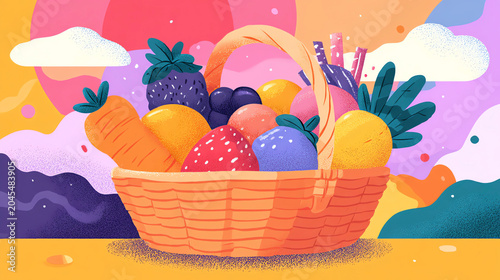 cute snack basket illustration, colorful flat design