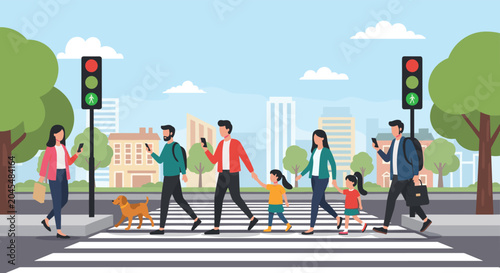Diverse group of pedestrians crossing a busy city street on a crosswalk with traffic lights showing green walk signals.