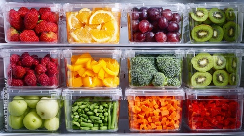 Transparent plastic containers neatly arranged in an open refrigerator, each filled with a variety of fresh fruits like strawberries, grapes, kiwi and chopped vegetables such as carrots, bell