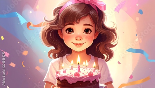 A smiling child, adorned with a pink bow, holds a birthday cake with candles, festive streamers and confetti surrounding them