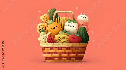 cute snack basket illustration, colorful flat design