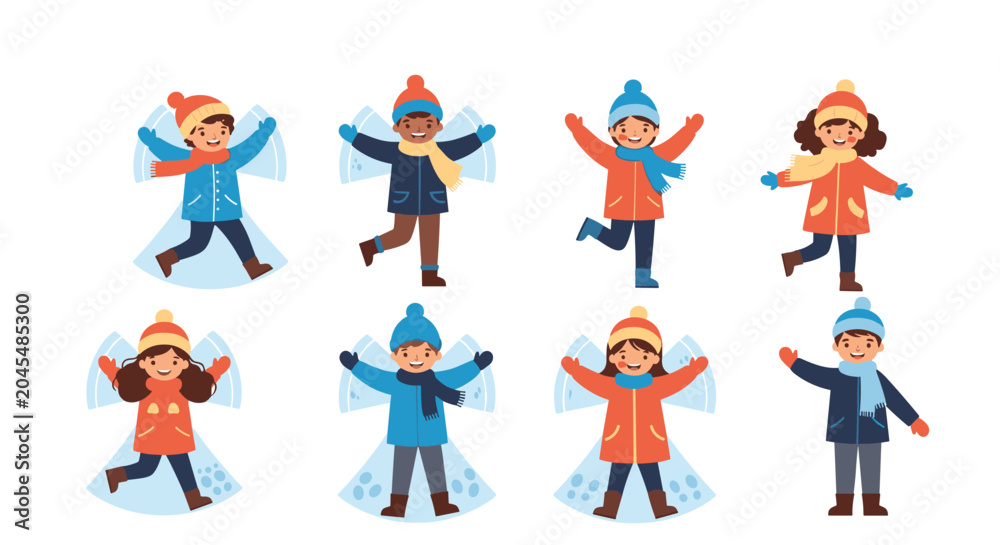 Fototapeta premium Collection of diverse children in winter clothing happily making snow angels and playing in the snow on a white background.