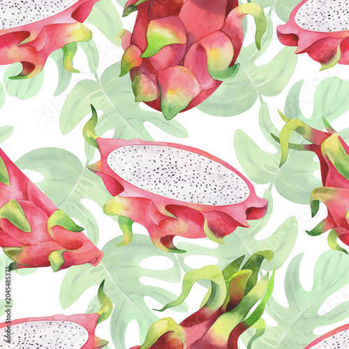 Schilderij op canvas Seamless pattern of the pitahayas and monstera leaves