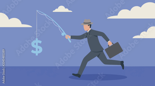 Tableau sur toile Businessman Running to Catch a Dollar Sign on a Fishing Rod