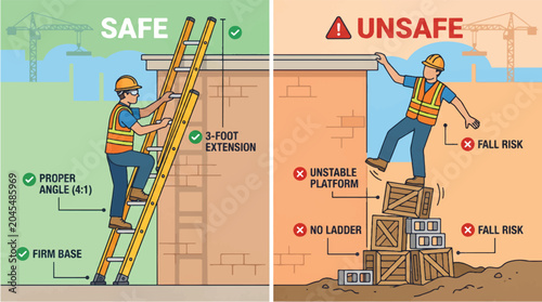 Safe and unsafe ladder usage comparison infographic showing proper construction site protocol for workers with correct extension angles and dangerous improvised platforms in flat vector style