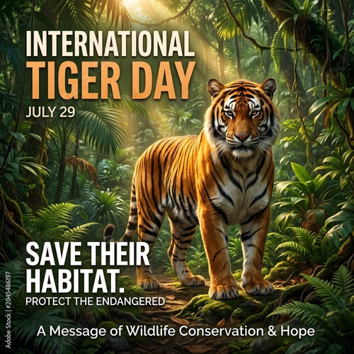 Powerful Bengal Tiger in Natural Jungle Habitat Symbolizing Global Wildlife Conservation