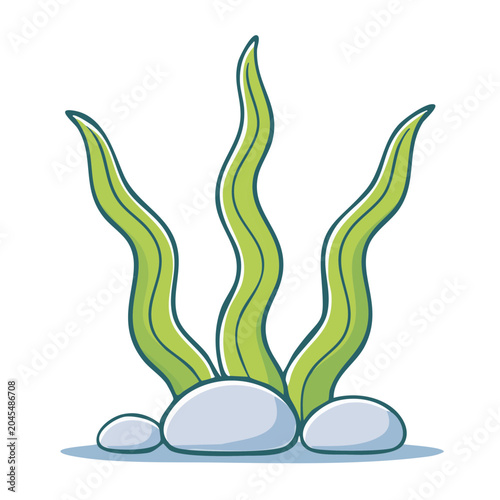Illustration of green seaweed and rocks on white background