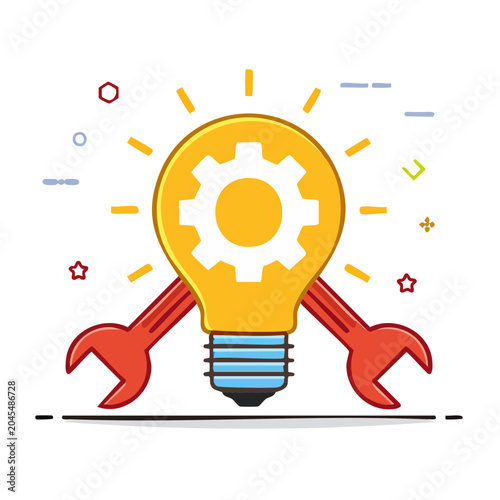 Light bulb with gear and wrenches, idea and solution concept