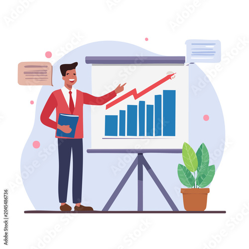 Man presenting a growing business chart on a whiteboard