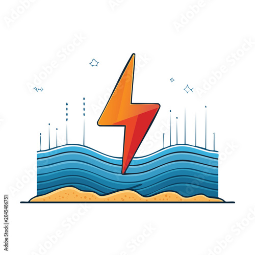 Lightning bolt over ocean waves and beach