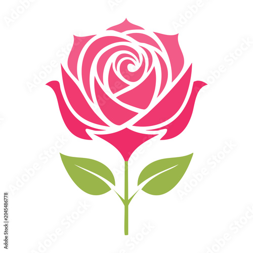 Stylized pink rose icon with green leaves on white background