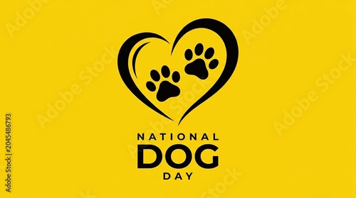 National dog day logo with heart and paw prints on yellow background