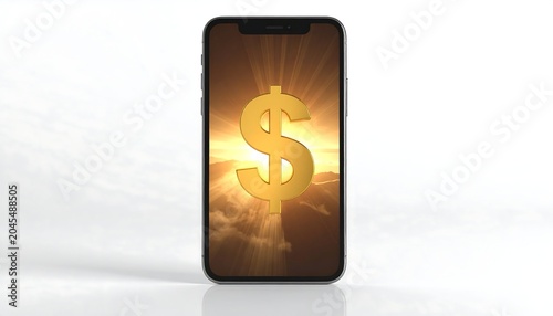 A smartphone displays a golden dollar sign set against a sunset, clouds, and radiant light. The device is isolated on a white backdrop