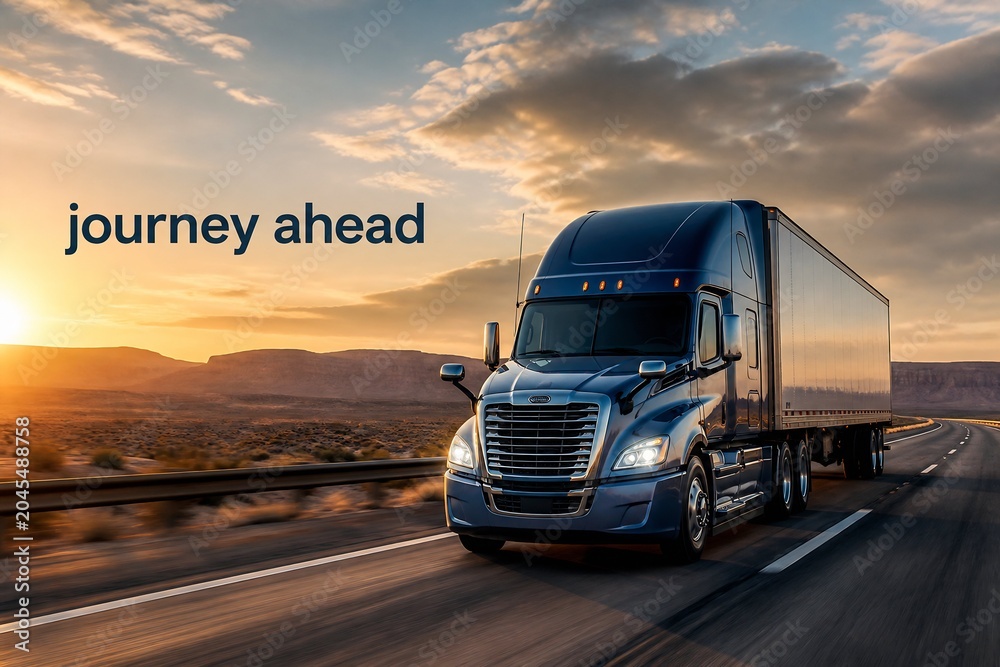 Obraz premium A semi-truck drives down a highway at sunset through a desert landscape.