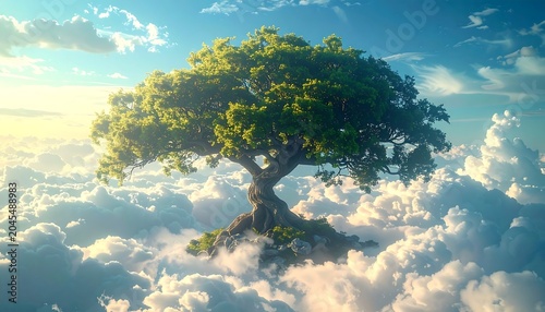 Tree atop clouds, bright sunlit sky, billowing formations beneath