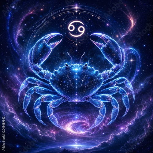 Cancer Zodiac Sign in Cosmic Galaxy – Glowing Celestial Crab Astrology Illustration with Deep Space Background. 