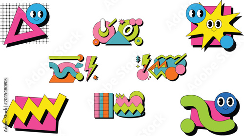 Vintage Y2K colorful graphic clip art collection featuring quirky geometric blocks triangles wavy lines and pastel pop art patches with drop shadow