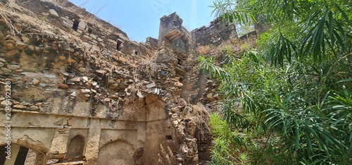 Ancient Stone Ruins of an Old Fort Structure Overgrown with Wild Green Vegetation in Rajasthan