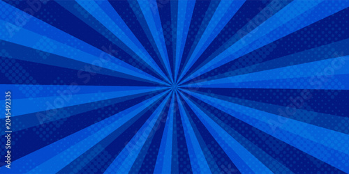 abstract comic rays background with dot halftone on blue