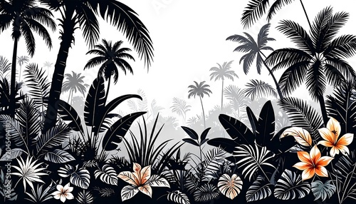 Tropical jungle illustration black palms, varied foliage and some bright flowers against a bright background