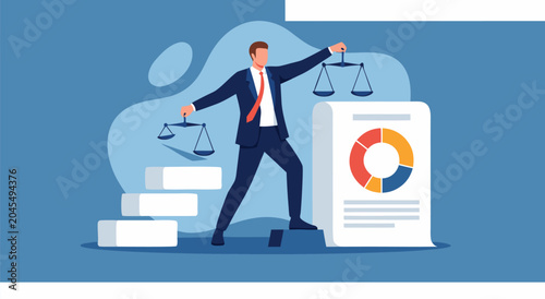 Balancing financial charts and scales vector illustration representing business analysis and strategic planning