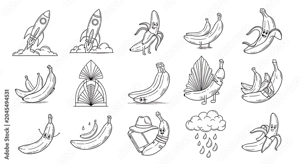 Fototapeta premium Fun banana character icons and rocket sketches on white