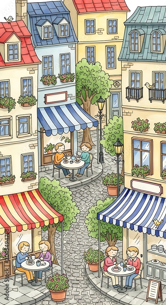 Naklejka premium Charming outdoor street cafe scene with people dining in a cozy city