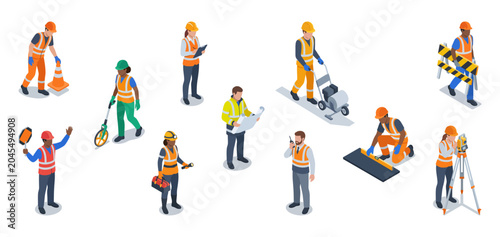Obraz na płótnie Road construction workers and infrastructure laborers wearing safety vests and h