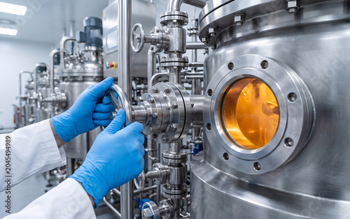 Scientist wearing blue gloves turns valve on industrial stainless steel fermentation tank with orange liquid inside close-up.