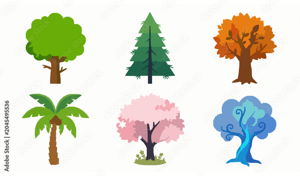 Fototapeta premium Cute cartoon tree collection vector set with colorful forest and seasonal plant illustrations