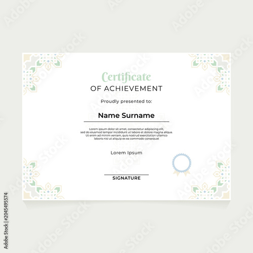 Certificate of achievement template with elegant Islamic geometric ornament border