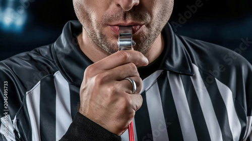 Football referee whistle match sport striped shirt close up hand stadium lights man control football referee blowing whistle to control match